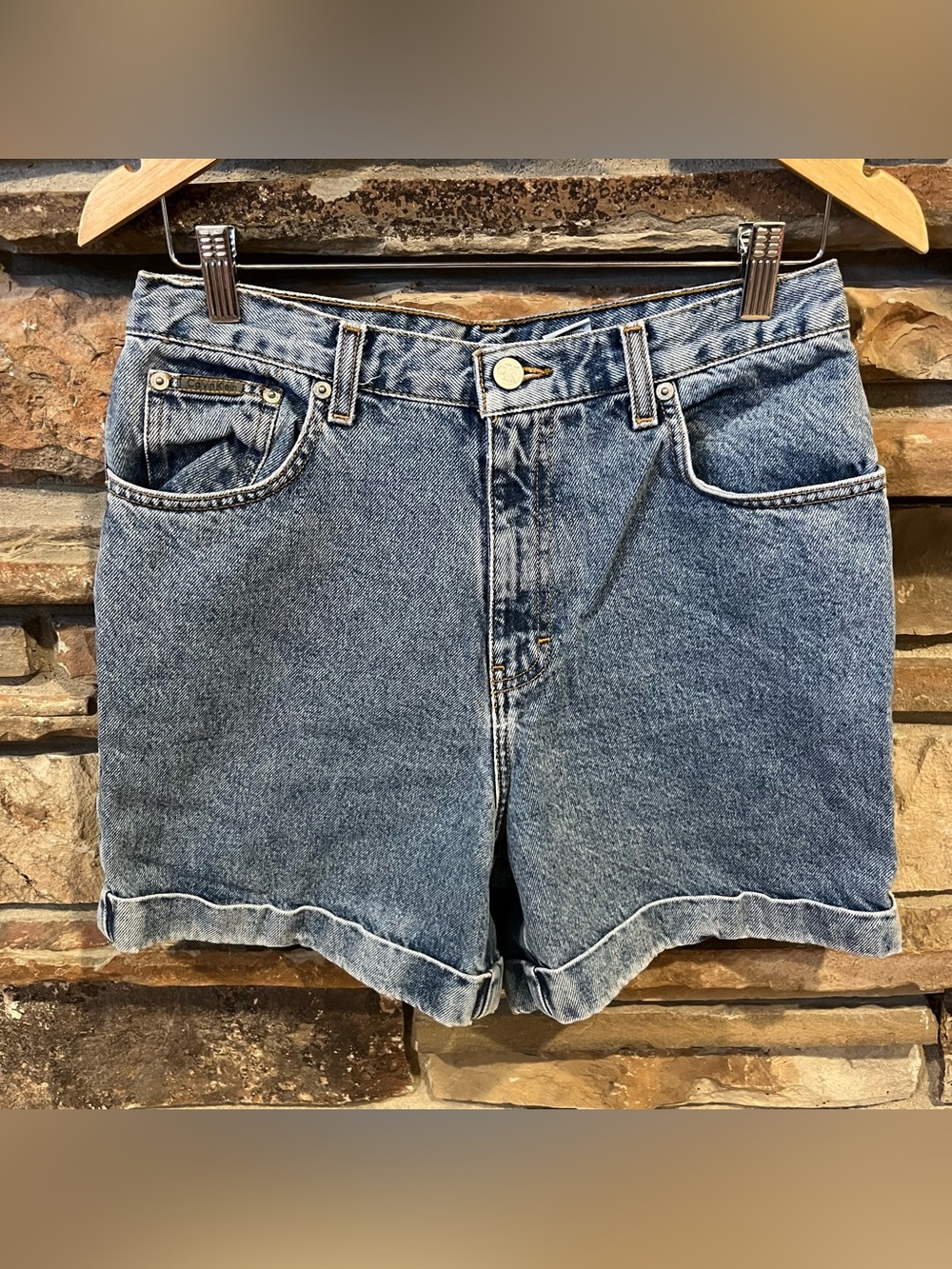 Vintage Calvin Klein Double Stone Wash Cuffed High-Rise Denim Shorts in Blue